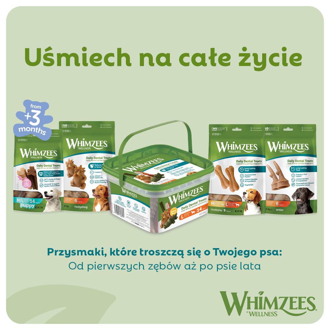 WHIMZEES Kość Ryżowa M/L 20 sztuk – Gryzaki Dentystyczne dla Średnich i Dużych Psów, Naturalne, Bezzbożowe