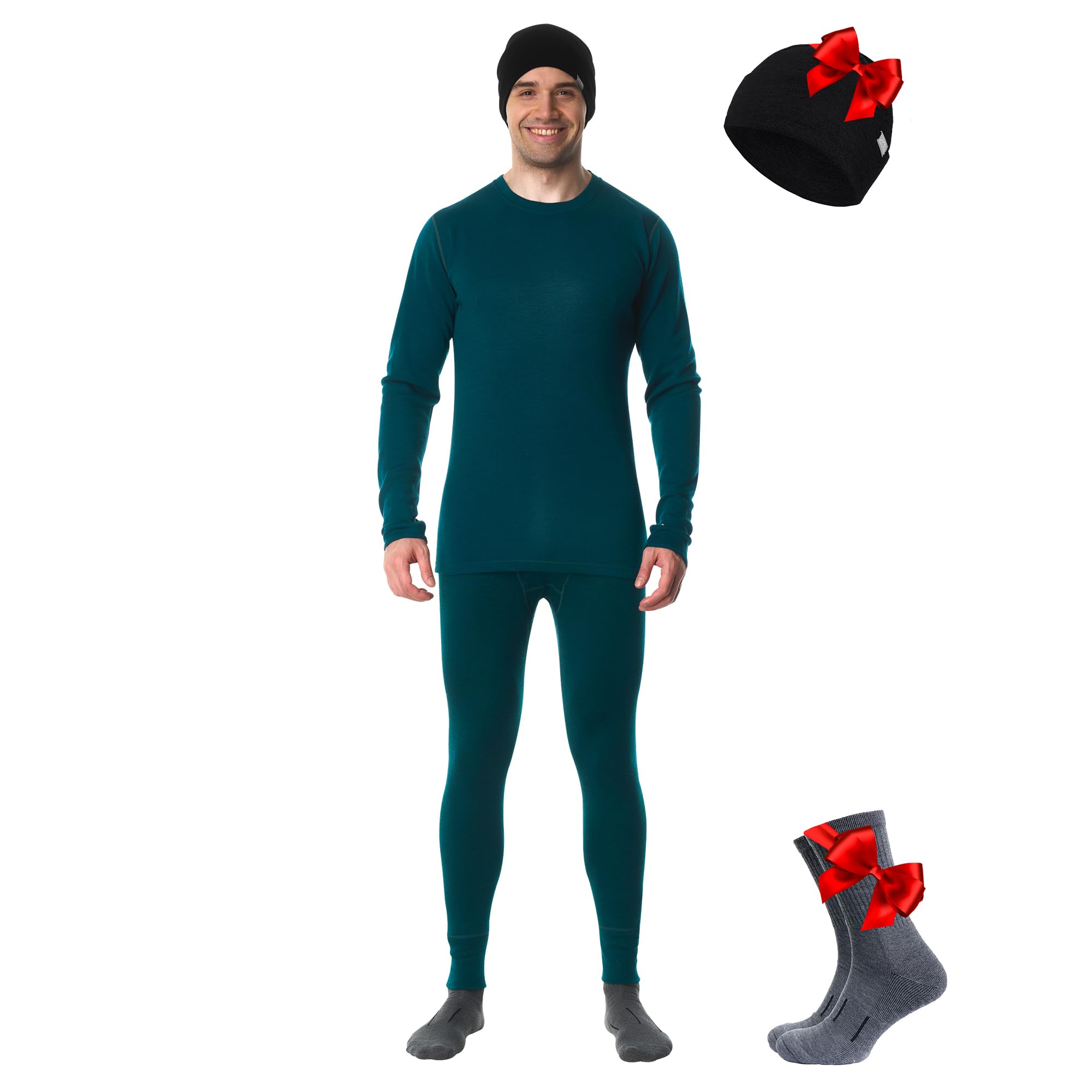 Conjunto Merino para Hombre + Gorro (XL, Verde Azulado Profundo)