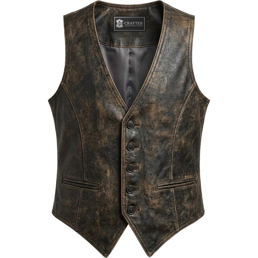 Crafter Men's Brown Leather Motorcycle Vest - Sleeveless, V-Neck, Cowhide Biker Riding sleeveless Motorcycle Leather Vest