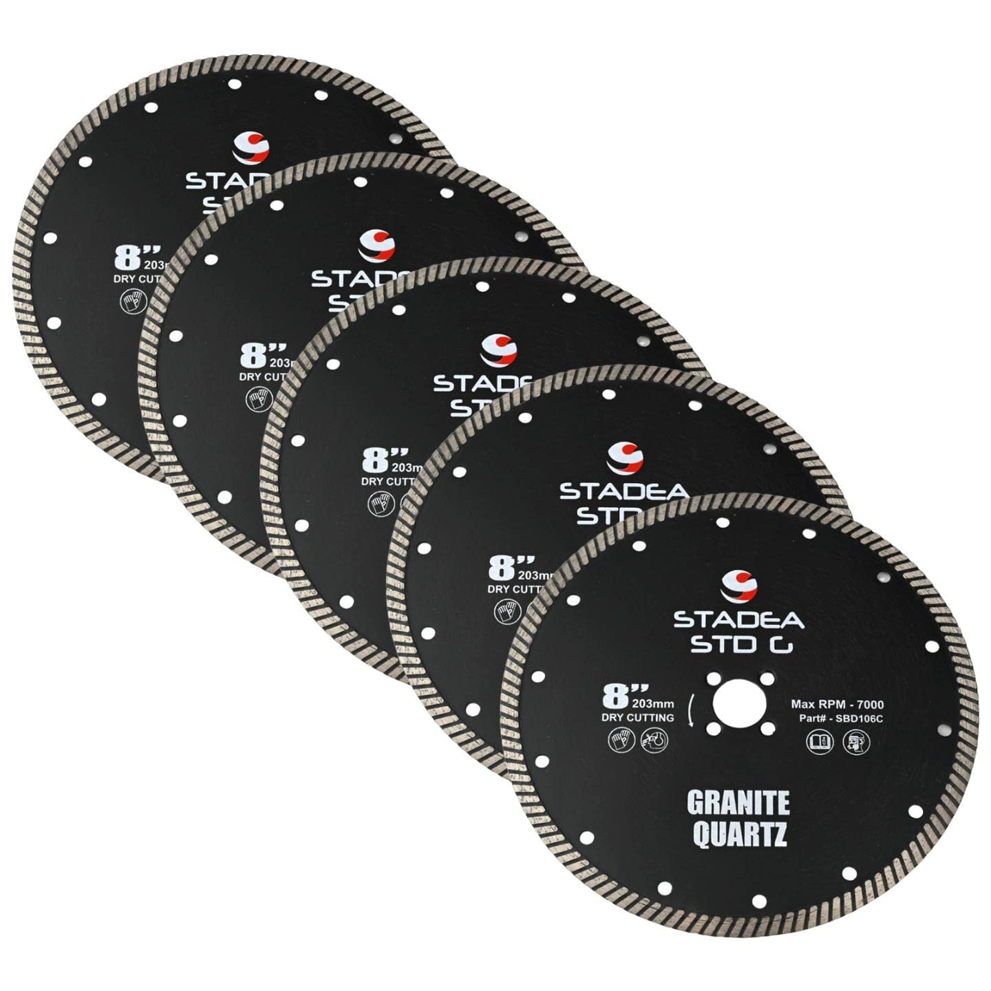 Stadea SBD116C Diamond Saw Blade 8-Inch Continuous Turbo Dry Cutting - Cuts Granite Quartz Quartzite, Fits Grinder, Saw Cutter, 8 MM Segments - Pack