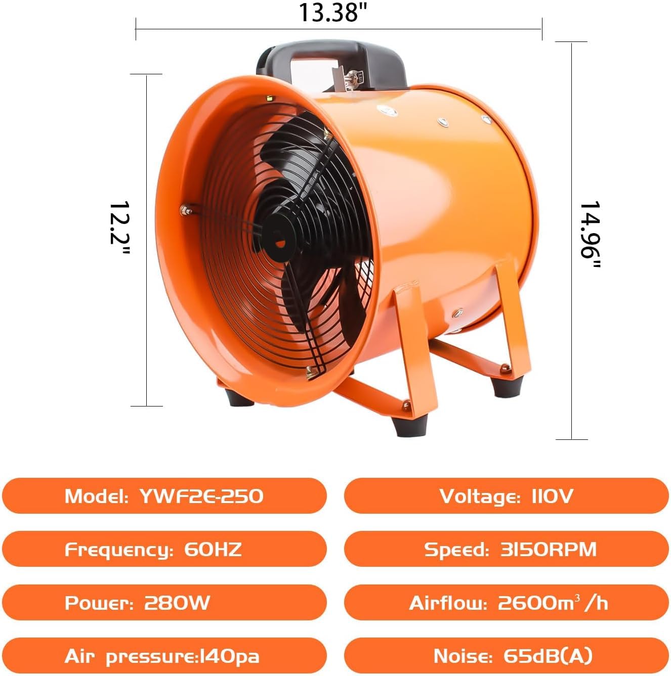Przenośny wentylator użytkowy o dużej prędkości 25,4 cm, przemysłowy wentylator wydechowy z wężem 5 m, wentylator o niskim poziomie hałasu 2700 obr./min do piwnic, warsztatów, magazynów i