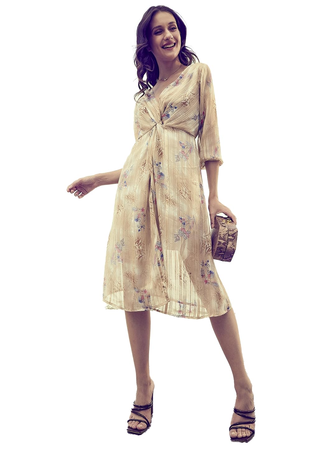 Athena Lifestyle Women and Girls Polyester Regular Fit and Flare V-Neck Self Design Midi Length Three-Quarter Sleeves Brown Casual Dress Athena Lifestyle Women and Girls Polyester Regular Fit and Flare V-Neck Self Design Midi Length Three-Quarter Sleeves Brown Casual Dress