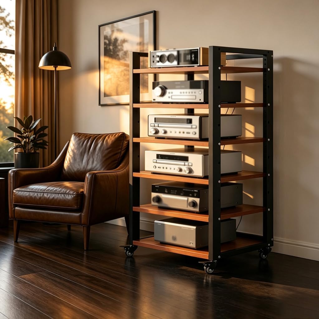 6 Tier Audio Rack Tower, CD Record Player Stereo Receiver AV Equipment Cabinet Display Rack, Weight Capacity 661 lbs, with Adjustable Wooden Shelves for Home (6 Tier Teakwood)