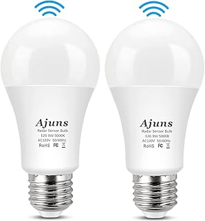 Radar Motion Sensor LED Light Bulbs, Dusk to Dawn Radar Motion Activated Bulb 9W 5000K Daylight White A19 LED Bulb, E26 Base, for Hallway, Garage, Basement, etc, 2 Packs