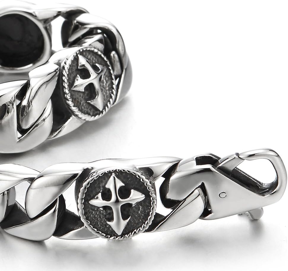 Mens Stainless Steel Curb Chain Link Bracelet with Vintage Cross Charms - Image 4