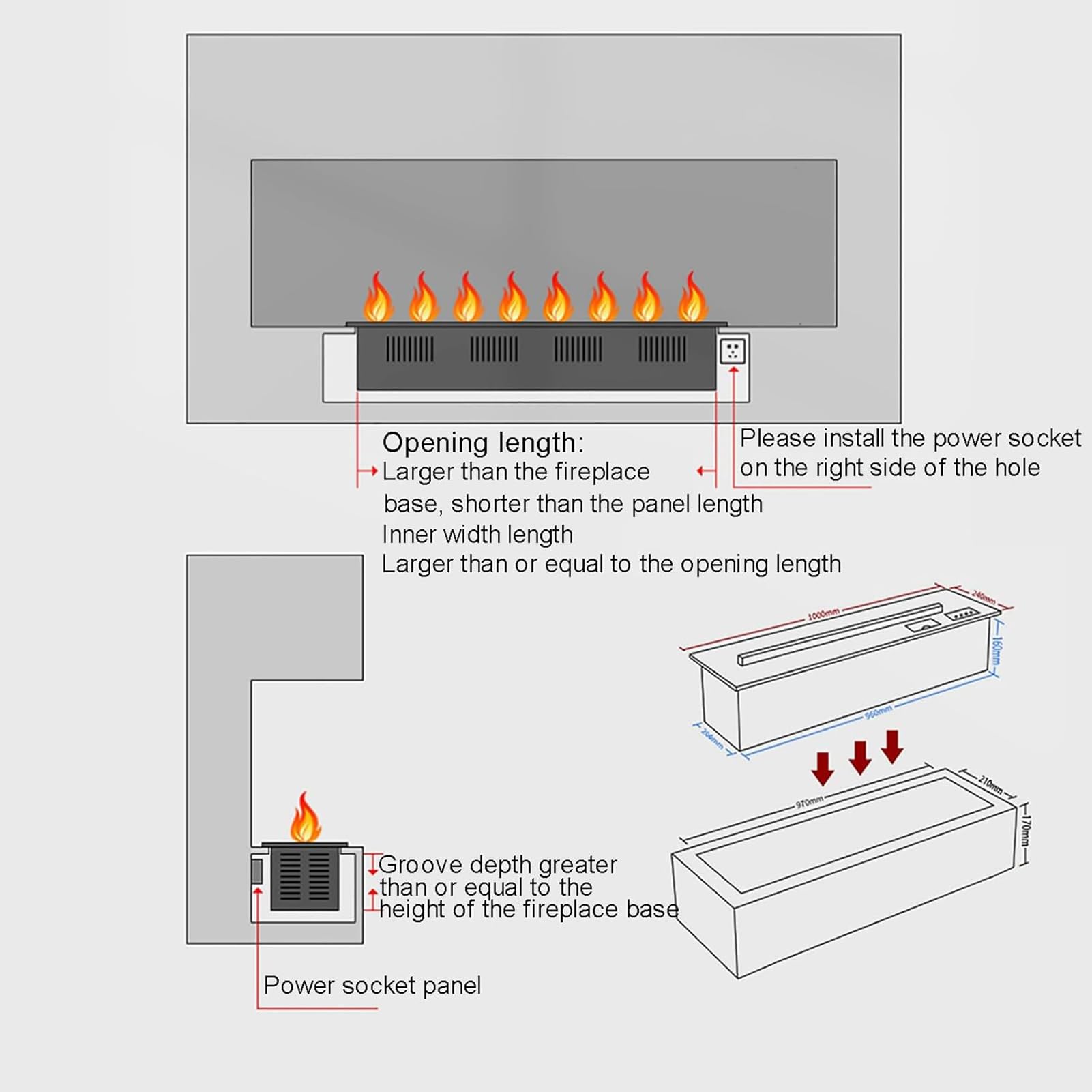 Kominek elektryczny, kominek dekoracyjny z atomizowanym płomieniem, 3D, kominek elektryczny, symulowany atomizowany płomień, szczotkowana stal nierdzewna, regulacja płomienia (czarny, 100 cm)