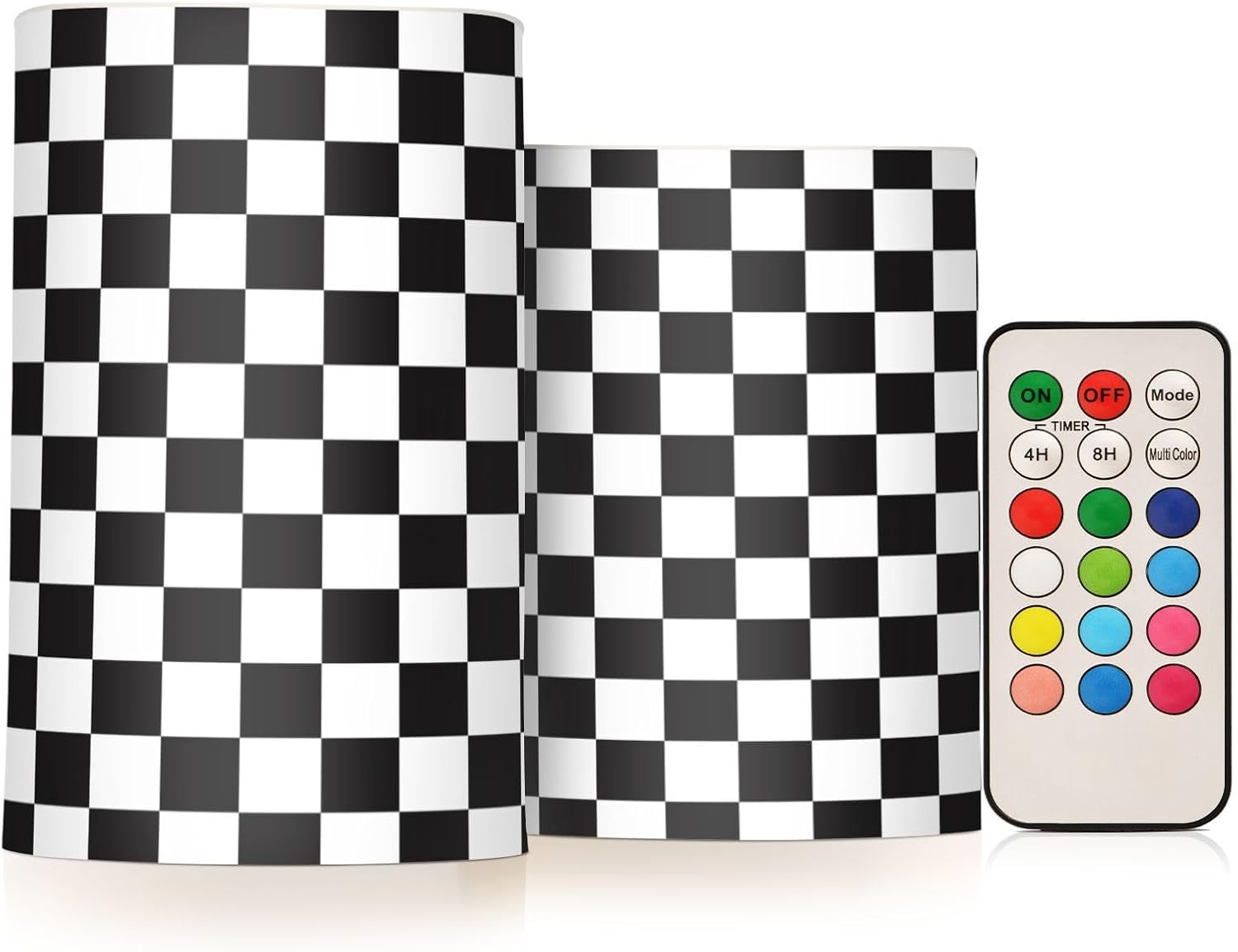 Black White Checkered Flickering Flameless Candles LED Battery Operated with Remote Timer Pillar Candles for Home Birthday Wedding Christmas Decor, Set of 2
