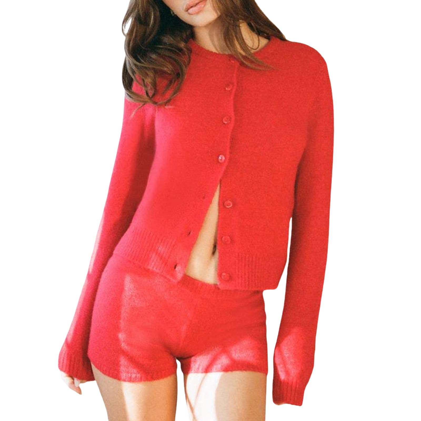 Womens 2-Piece Autumn Knit Set Long Sleeve Button-Down Cardigan Slim Shorts Casual Sweater Daily Outfit