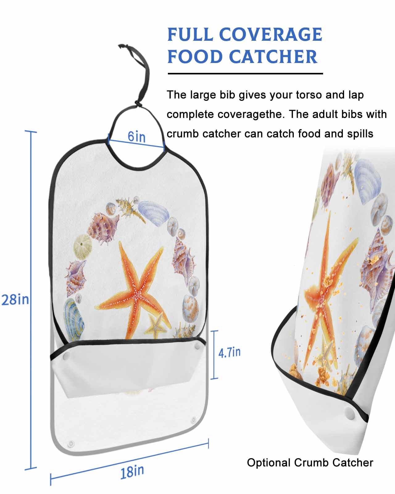 LEOKOTI Coastal Starfish Adult Bibs for Eating, Waterproof Bibs with Food Catcher & Adjustable Snap Closure, Summer Beach Ocean Nautical Shell Washable Clothing Protectors Adult Bibs for Elderly
