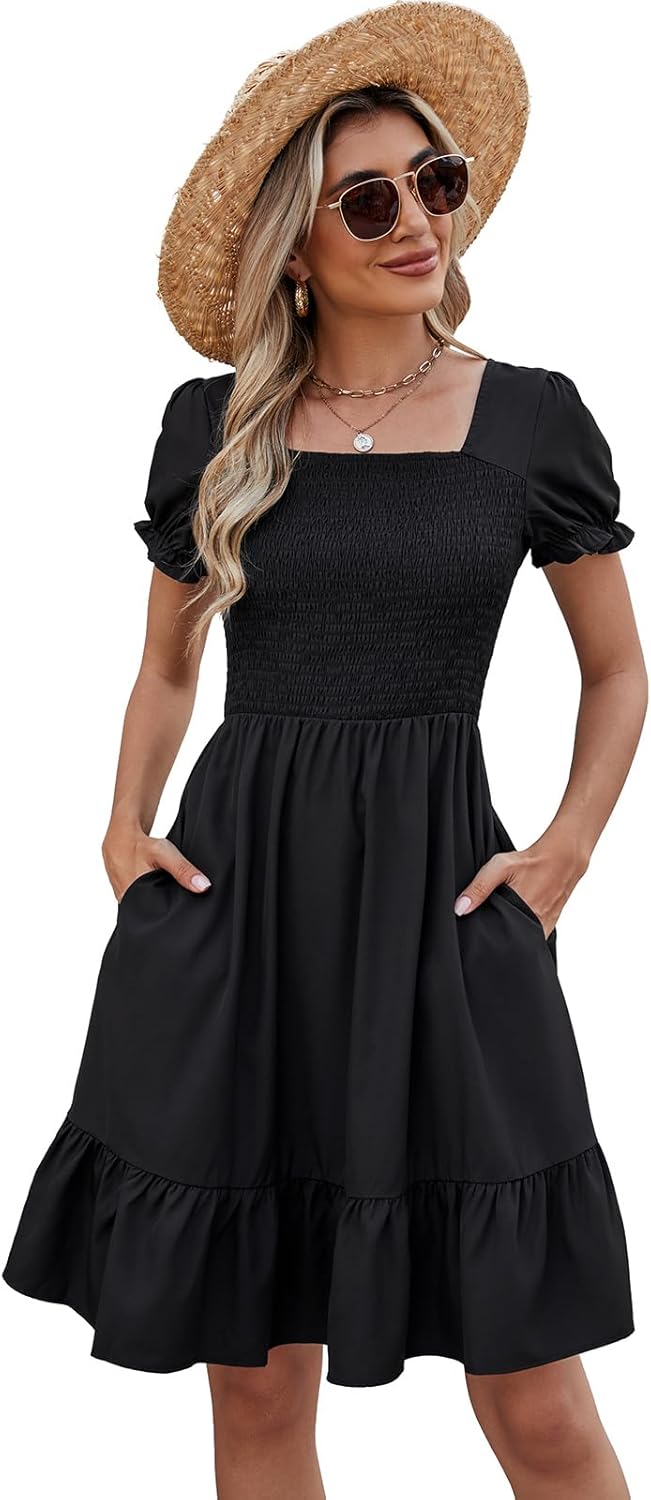 Lyrur Women's Short Sleeve Summer Dresses 2026 Spring Casual Square Neck Easter Dress A-Line Tiered Sundress with Pockets - Image 3