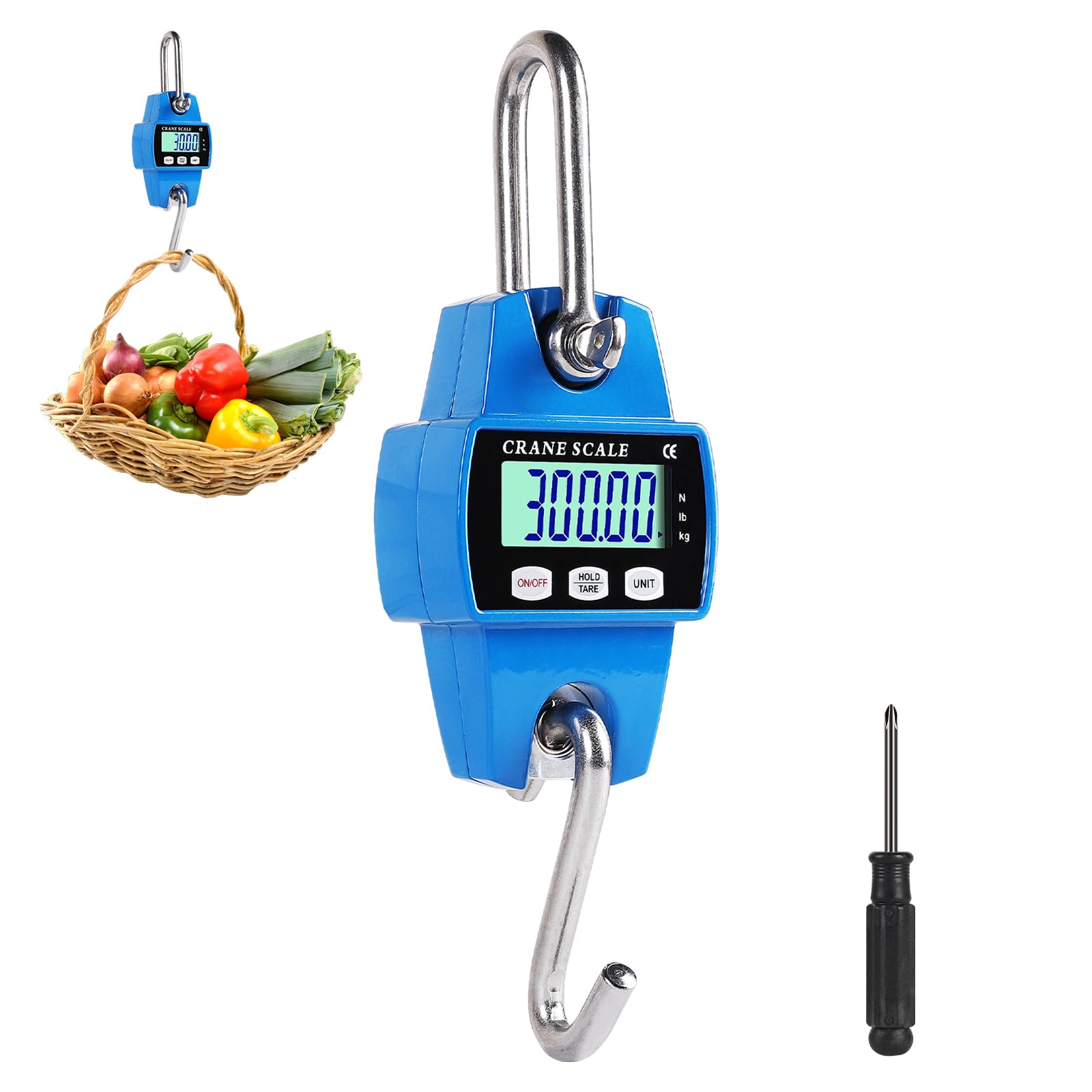 EFUTURETIME Balance Suspendue Numérique 300 KG, Balance À Grue Crochet Électronique en Aluminium avec Capteur Précis LCD Portable pour Chasse, Pêche, Ferme, L'usine, Pesage sur Quai, Bleu