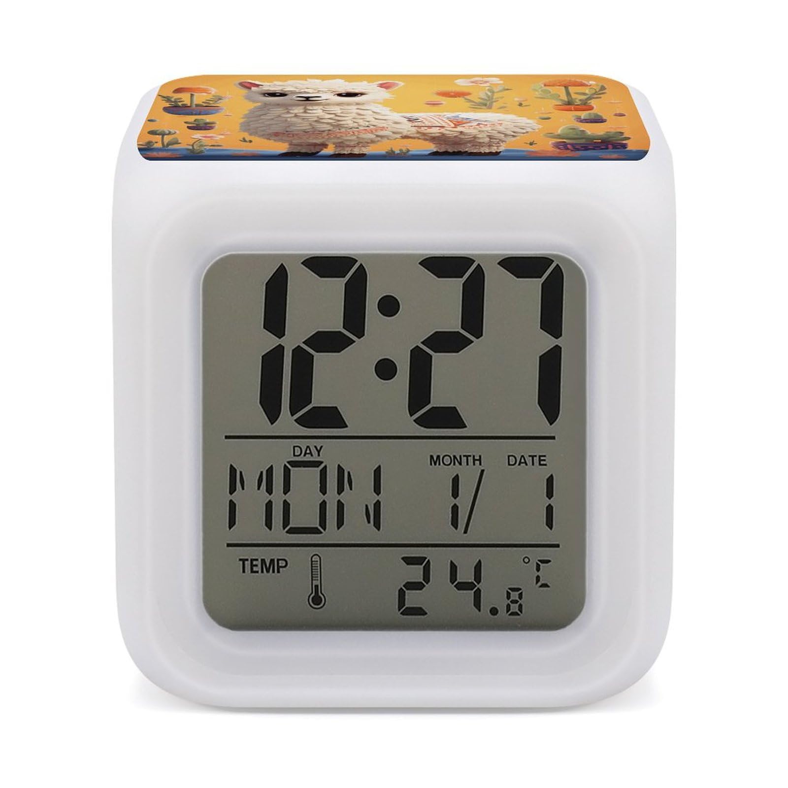 JTREHY 7 Color Changing LED Digital Alarm Clock,Cartoon Alpaca Cute Animal Printed Wake-up Clock with Temperature Display Home Decoration Alarm Clock for Bedroom Office