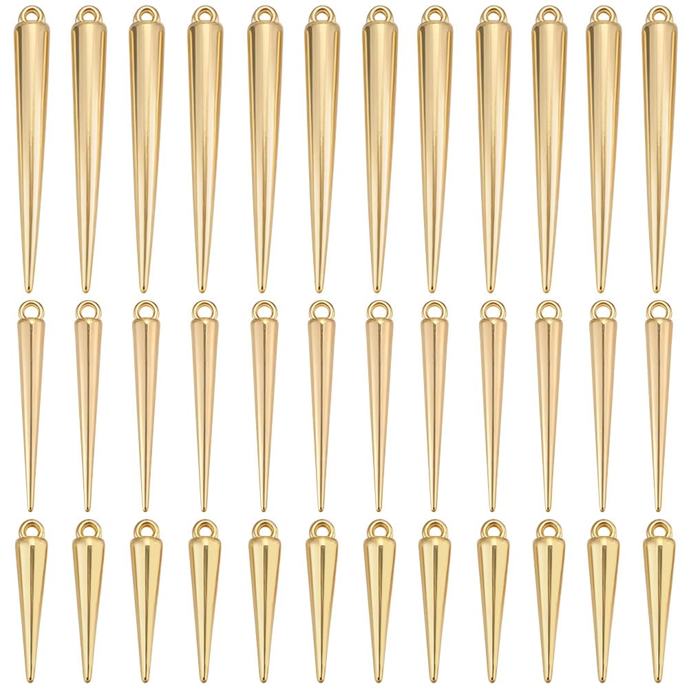 SUNNYCLUE 120Pcs 3 Sizes Gold Cone Charms Spike Pendant Charms Long Gothic Punk Cones Spikes Vintage Retro Tibetan Halloween Plastic Hanging Pendants for Jewellery Necklaces Earrings Bracelets DIY