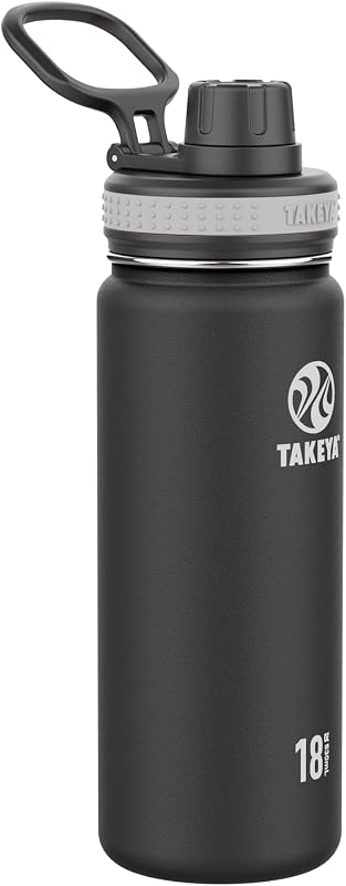 Botella de agua de acero inoxidable aislada al vacío Takeya Originals de 18 oz con tapa de paja, negra