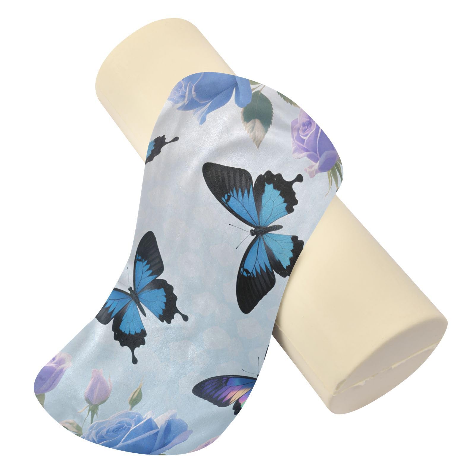 EtherSpher Blue-Purple Rose Butterfly Decorative Round Bolster Pillow Decorative Cylinder Pillow Cylinder Neck Roll Bed Support almohada para Cuello