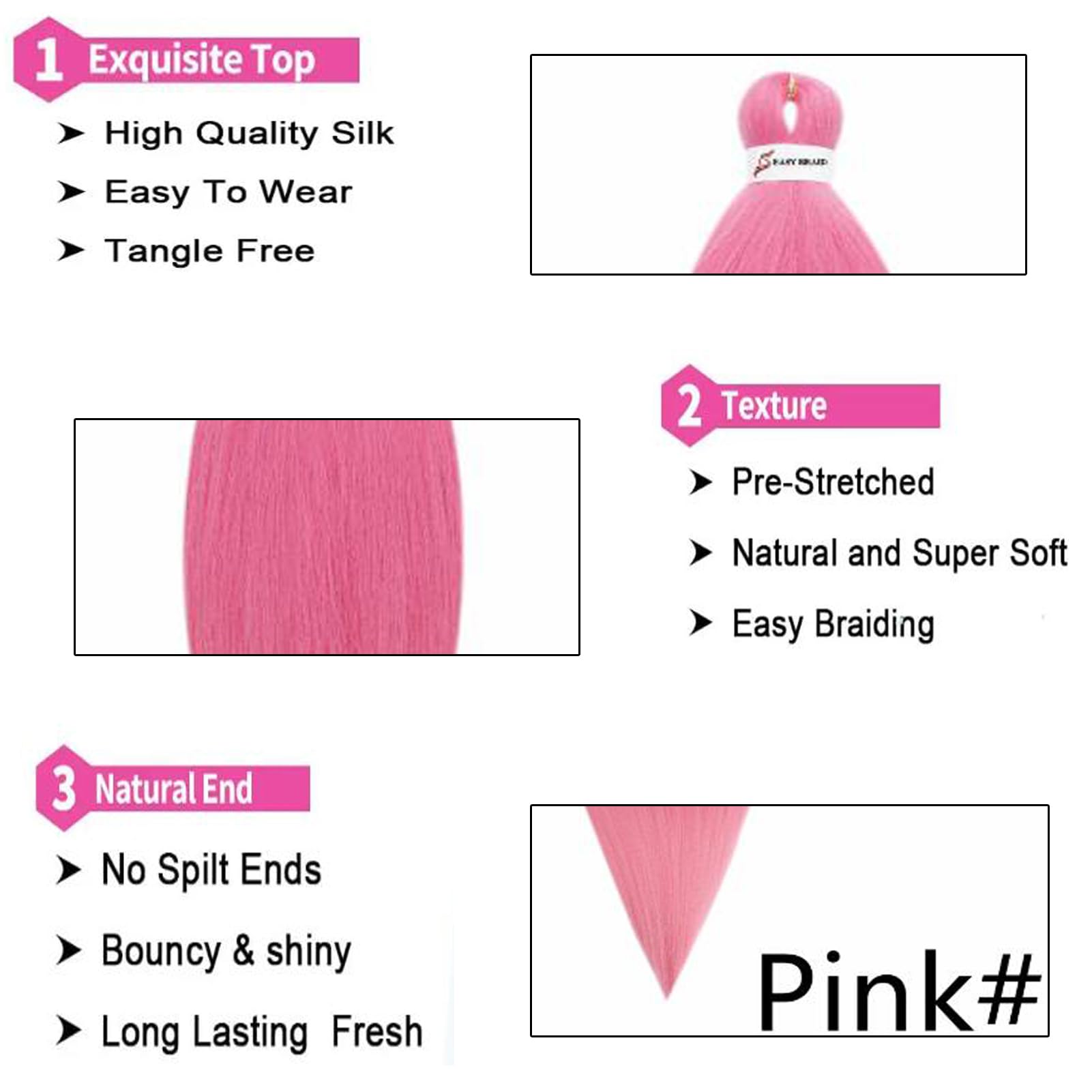 Synthetic Yaki Braiding Hair Ponytail Pre-Stretched Braiding Hair Extensions Easy Braids Hairpieces Crochet Straight Hair 26 inch 3 packs/lot (#Pink - Image 3
