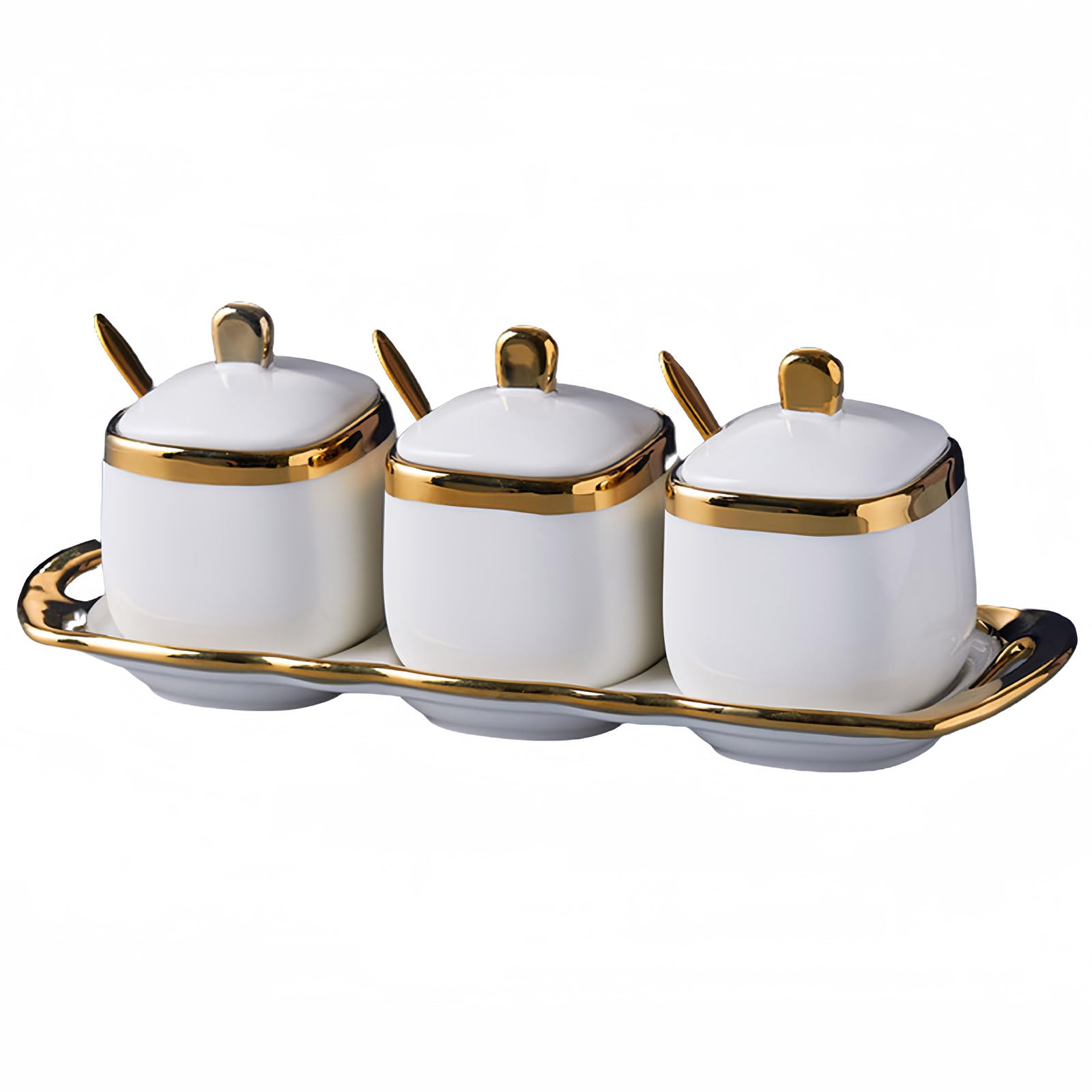 Dowbom White Sugar Bowl With Lid And Spoon, Sugar Pot Set Of 3, Sugar Container Spice Jar, Salt Pot Seasoning Canister (,8 Oz)