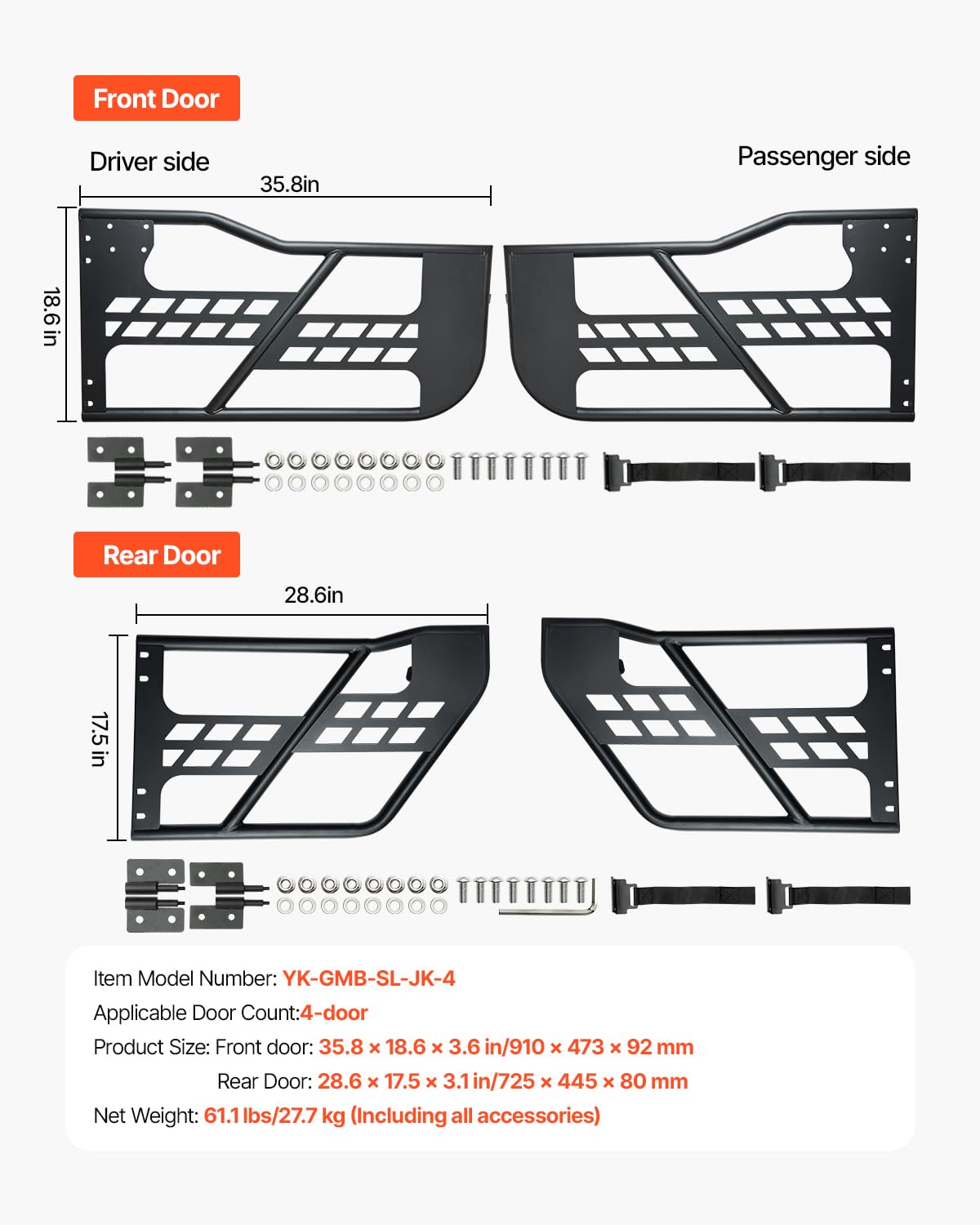 VEVOR Tube porte pour Jeep, 4 portes, porte tubulaire pour Jeep de style chasse avec charnières robustes, loquet OE, coussinets en caoutchouc et tube en acier trempé, pour Jeep Wrangler JK 2007-2018