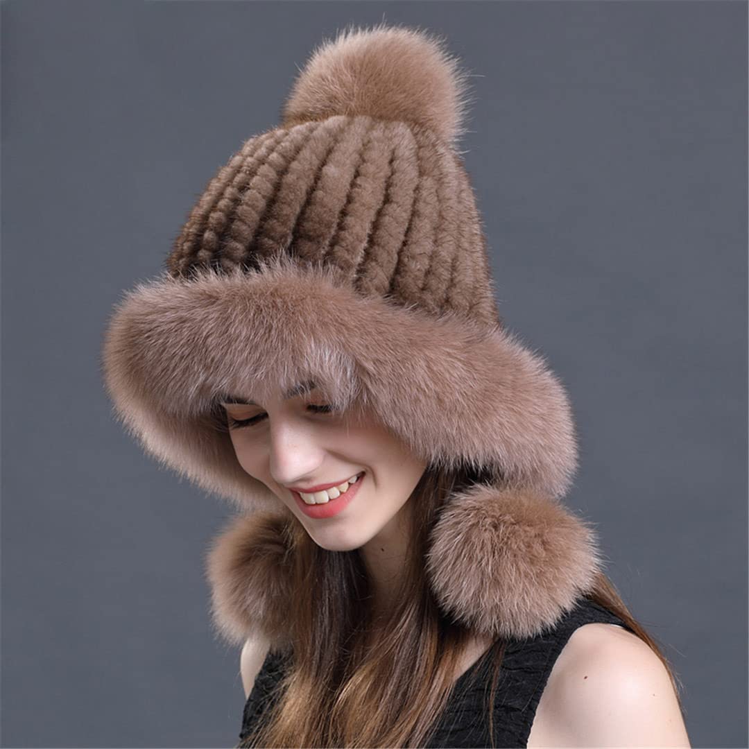Amazon.co.jp: 女性の冬の帽子ニットミンクの毛皮の帽子ミンクキャップ