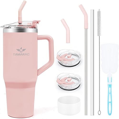 Tamarac Vaso de 40 onzas con asa y tapa con pajilla, reutilizable, de acero inoxidable, aislado, de pared, reutilizable, botella de agua, taza de