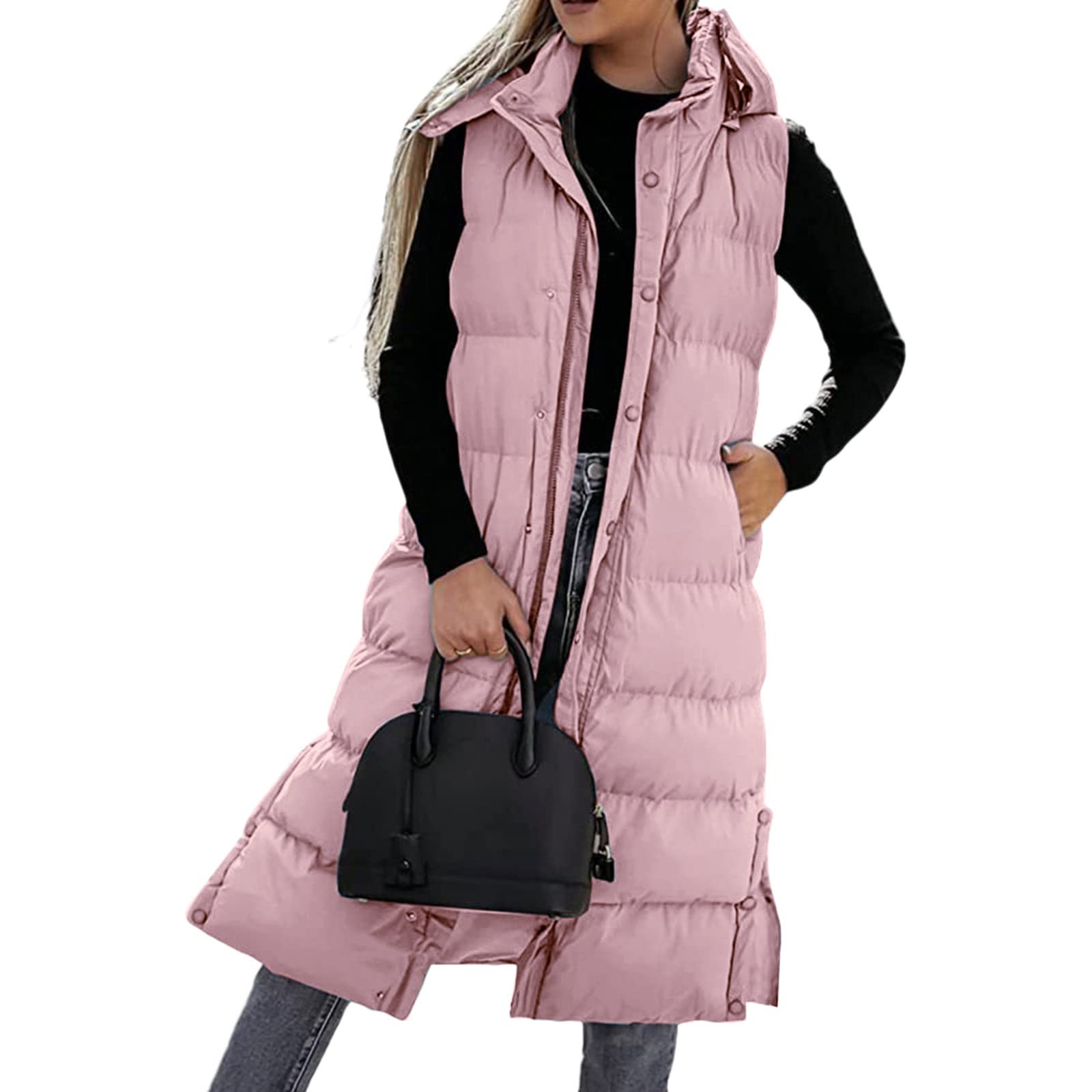 Chaleco largo de plumón para mujer, chaleco acolchado con capucha, chaqueta acolchada sin mangas, chaleco ligero a prueba de viento, chaleco con capucha para mujer, chaleco largo sólido, chaqueta de