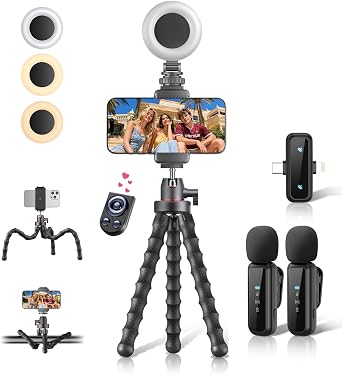 Vlogging Kit for iPhone/Android, 9 Flexible Tripod for iPhone with Light, Wireless Remote & Microphone, Adjustable Content Creator YouTube Starter Kit for Tiktok/Influencer/Recording/Live Streaming