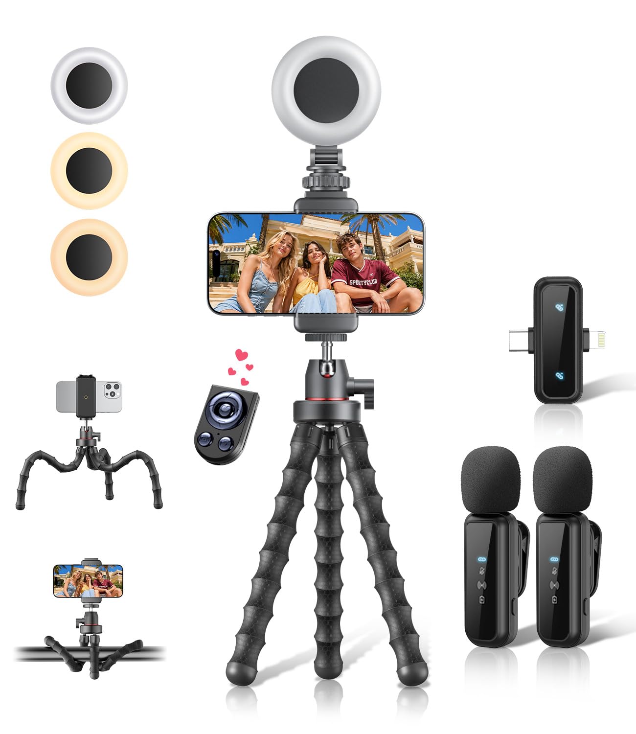 Kit vlogging per iPhone/Android, treppiede flessibile da 9 pollici per iPhone con luce, telecomando wireless e microfono, creatore di contenuti regolabile YouTube Starter Kit per TikTok/Registrazione