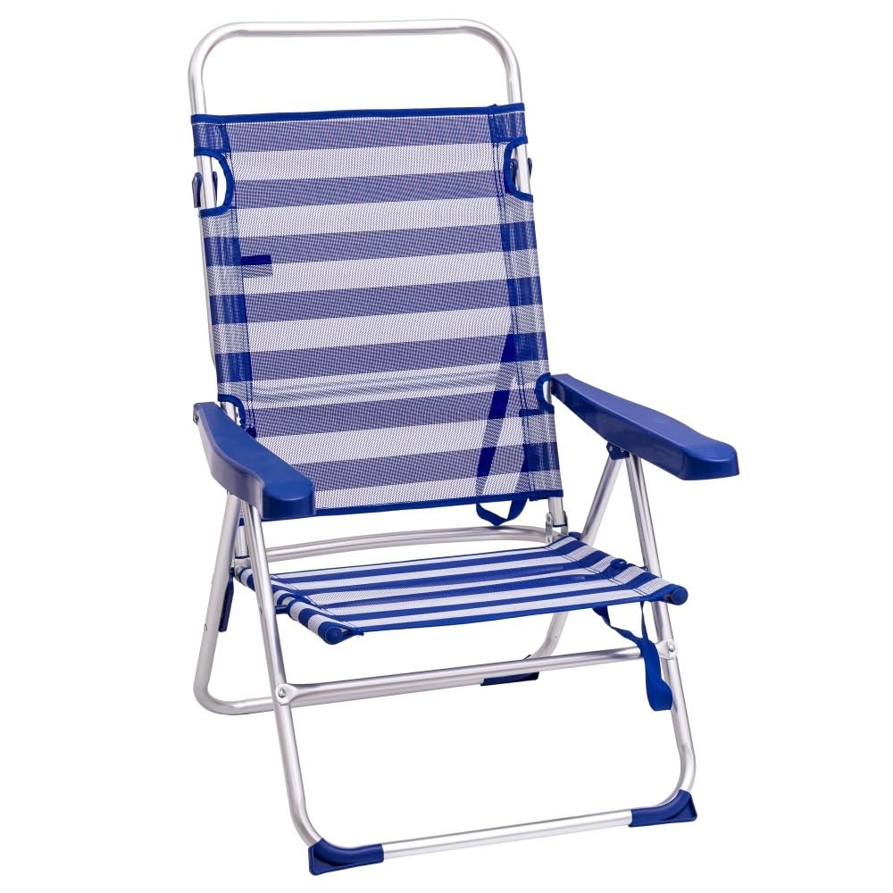 LOLAhome Silla de Playa Alta Plegable y reclinable de 4 Posiciones de Aluminio y textileno Azul y Blanco de 62x55x100 cm