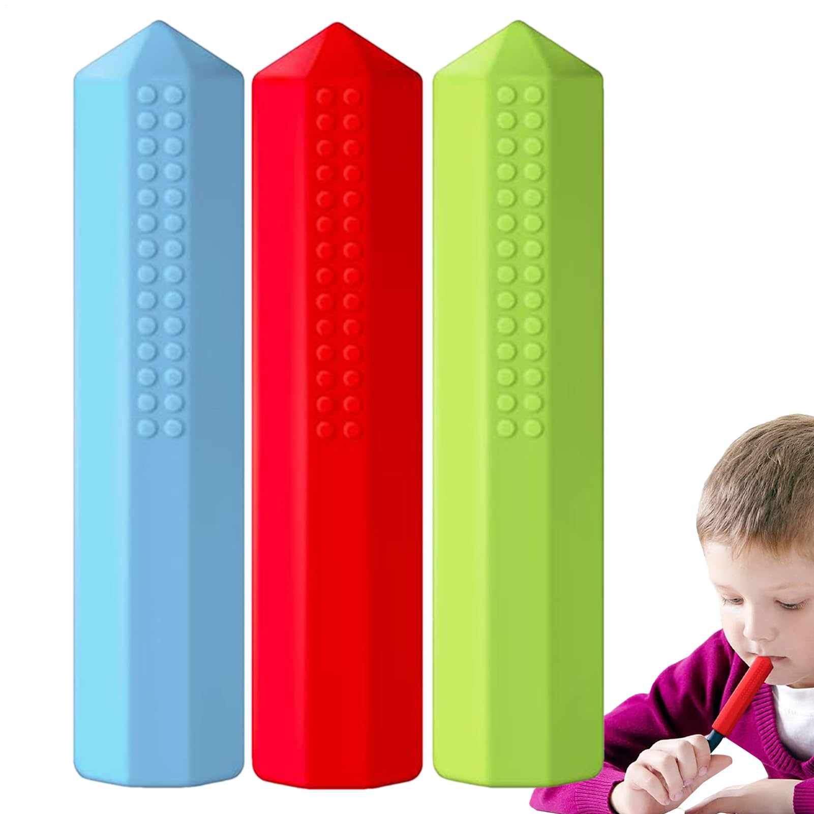3PCS Sensory Pencils Toppers, Silicone Chewable Pencil Toppers Toys, Colored Pencil Tubes Fidgeting Tool, Soothing Pen Chewing Topper for Children, Boys, Teens, Youth