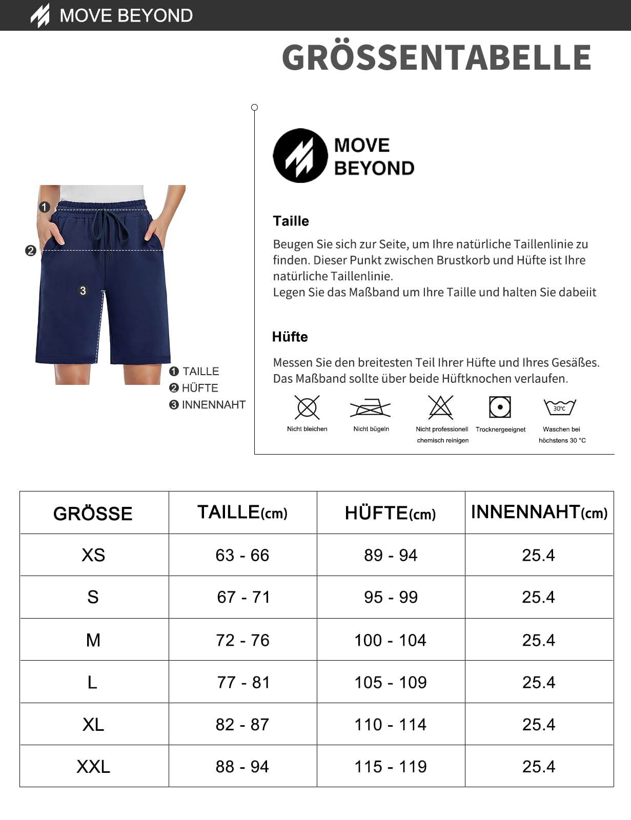 MOVE BEYOND Damskie 25 cm bermudy z wewnętrznym szwem, 3 kieszenie, długość do kolan, szorty dresowe ze sznurkiem, szorty do jogi