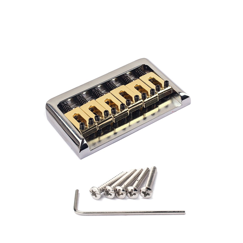 Domofa Electric Guitar Bridge Fixed Hardtail Bridge with Brass Saddle for Electric Guitar Replacement Part Chrome