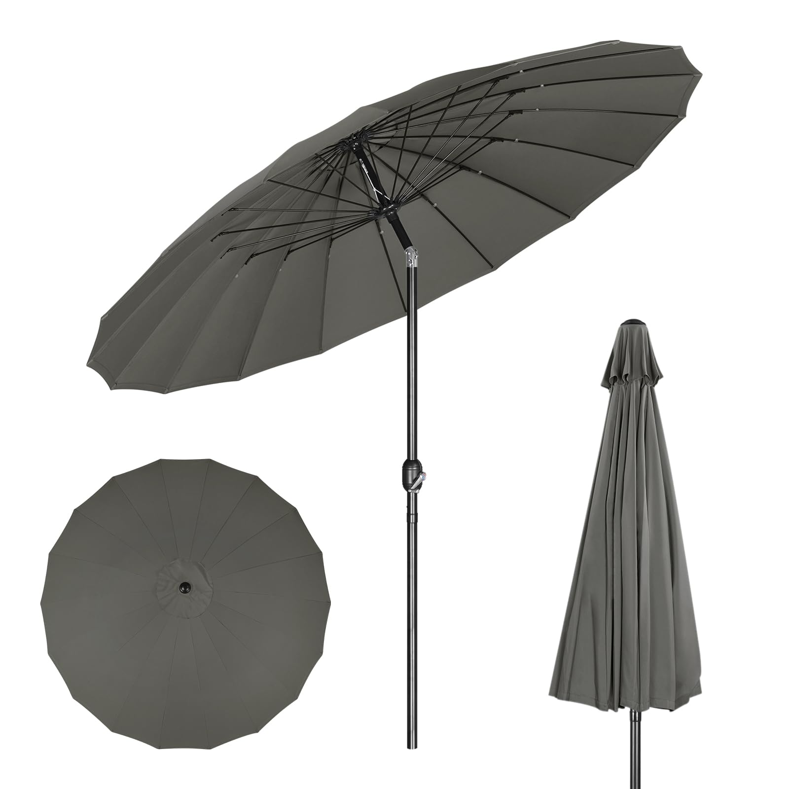 WOLTU Sombrilla de Jardín Grande, Ø257/273 cm, Sombrilla Playa con Manivela, Parasol de Exteriores con 18 Varillas Resistentes, Cortavientos, para Terraza, Patio, Piscina, Gris Oscuro