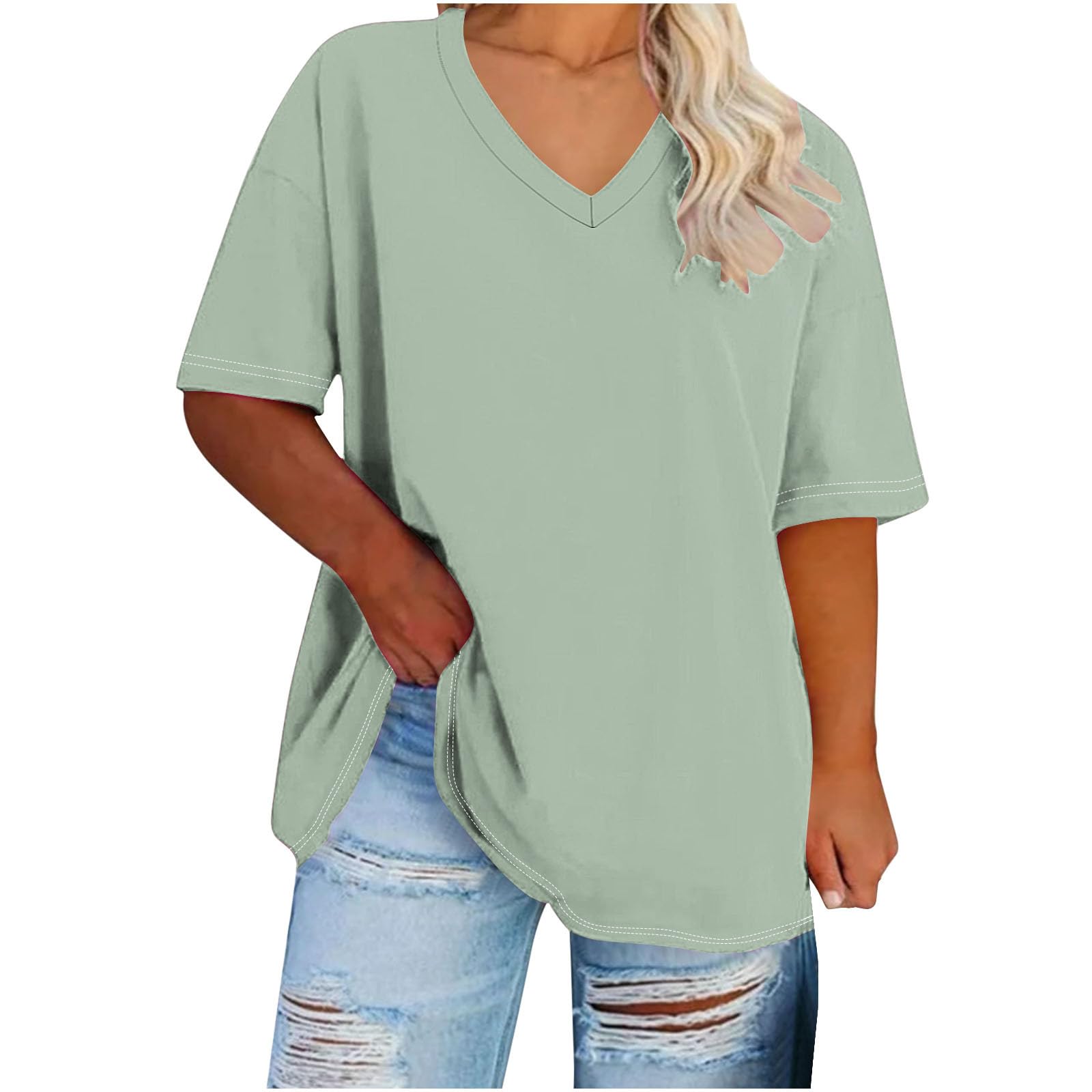 Plus Size Tops for Women Dressy Summer V Neck Solid Short Sleeve Oversized  Shirts Loose Fit Work Blouse Outfits 2025