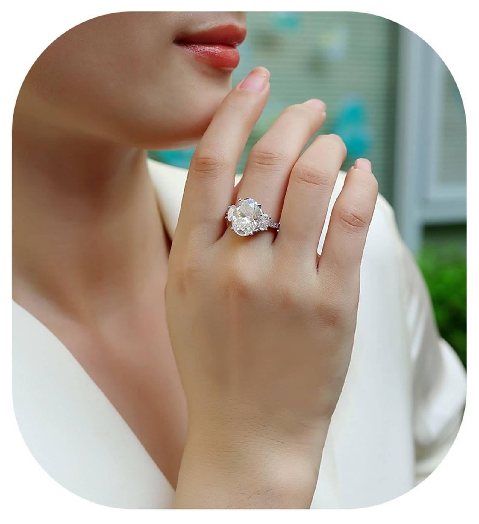Promise Ring Frau, Promise Ring for Women Luxus mit Ovalem Moissanit 10 X 14 mm Silber 18K Weißgold Größe 47 (15.0)