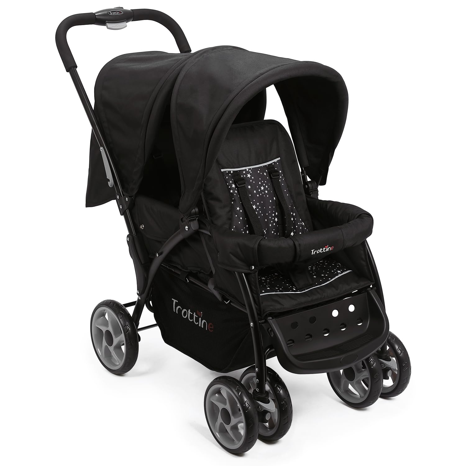 TWINBI Poussette Double Pour Jumeaux, Enfants Rapprochés, Maniable et Facilement Pliable, 2 Dossiers Inclinables Dont 1 à Plat, 2 Tabliers, Grand Panier, Habillage Pluie Intégral – NoirEtoile