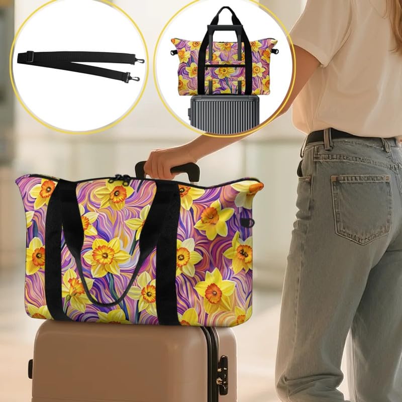 Gold Daffodil Duffle Bags for Traveling Lightweight Foldable Fluid Purple Pink Weekender Carry On for Women, Floral Large Sports Tote Gym Bag3