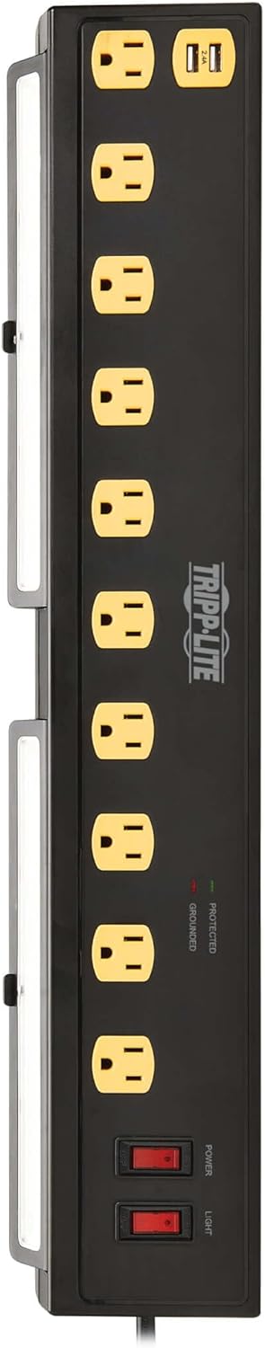Tripp Lite Heavy Duty Surge Protector Power Strip with Work Lights, 10-Outlets for Industrial & Garage, 2 USB Ports, 6ft Power Cord, 1350 Joules, 150,000 Insurance (TLP1006USB)