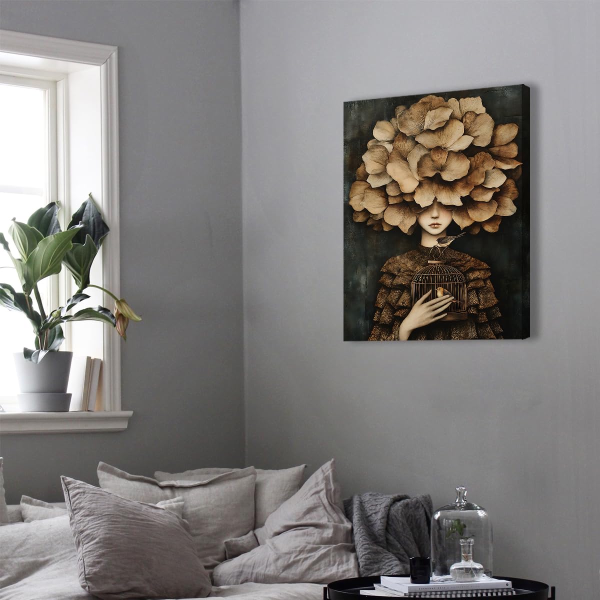 YUNART Vintage Dark Academy Wall Art Surrealismo Donna con foglie ginkgo Stampe di teste su tela Poster di pittura botanica antica Arredamento per la casa 75x95cm Telaio interno