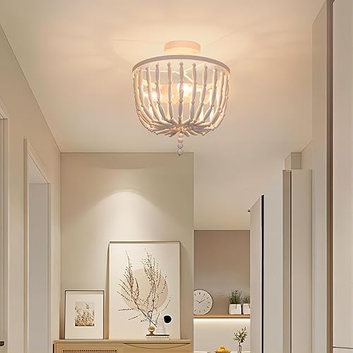 Miniatura 2 de Lámpara de techo con cuentas de madera, estilo bohemio, 3 luces, semiempotrada, lámpara de techo blanca para sala de estar, dormitorio, guardería,