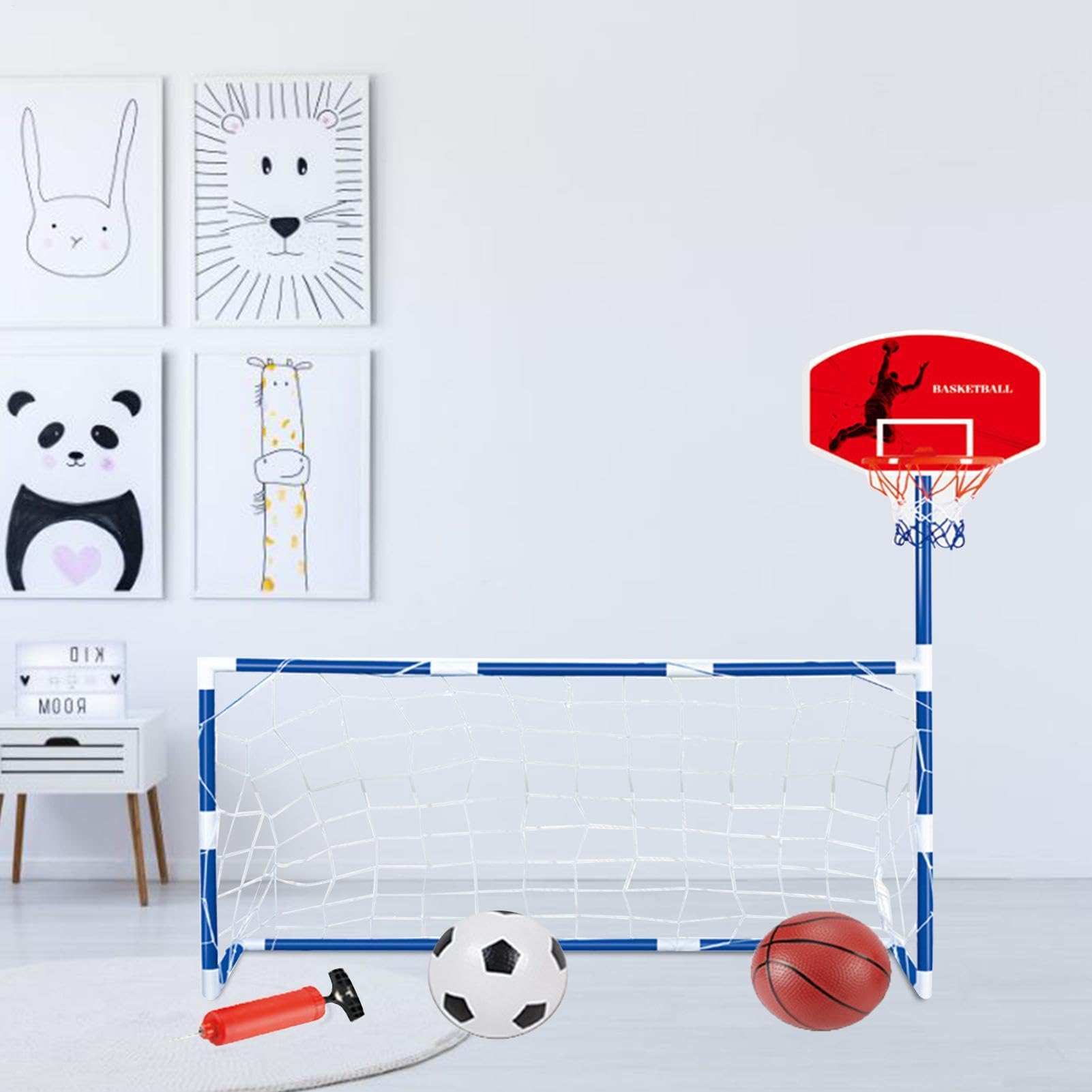 Koszyk do koszykówki dla małych dzieci do użytku wewnątrz – 2 w 1 centrum sportowe dla dzieci | Kosz do koszykówki wewnątrz i na zewnątrz, bramka do piłki nożnej/piłki nożnej, zestaw do zabawy, prezenty dla dzieci