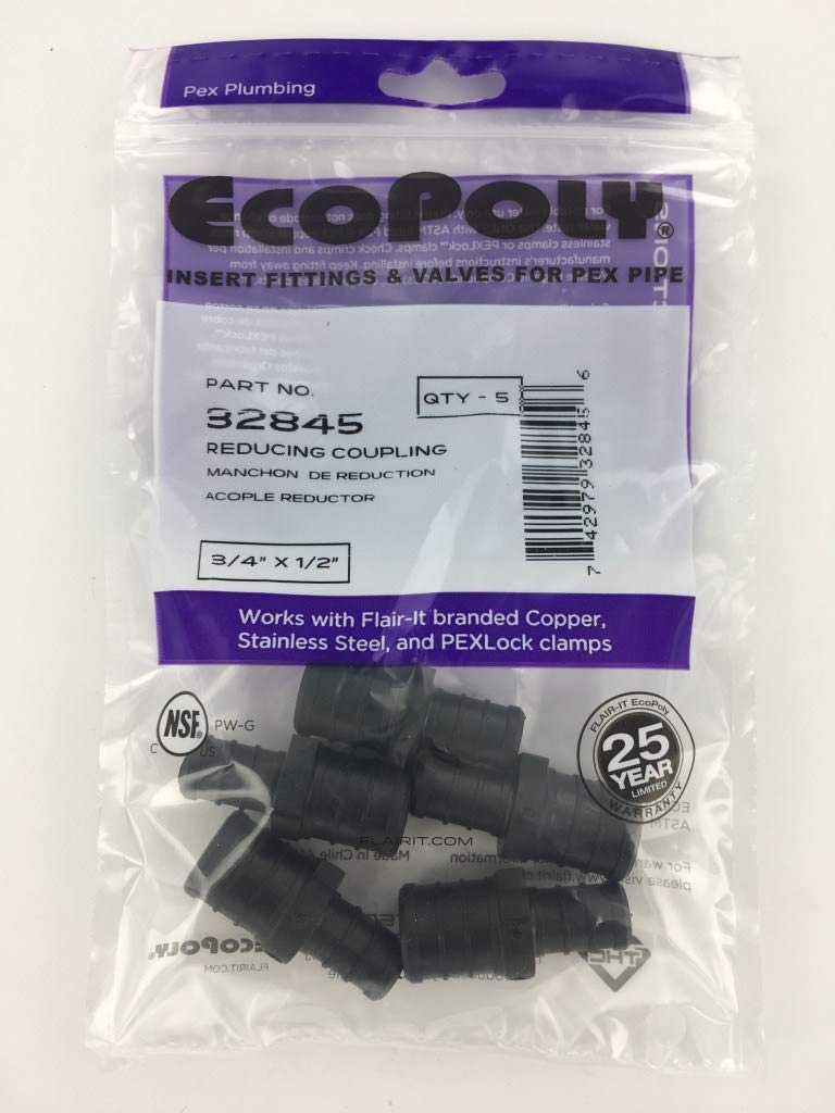 Ecopoly32845 PEX Coupling, 3/4" x 1/2", 0.75" ID, Crimp, Plastic (Pack of 5)