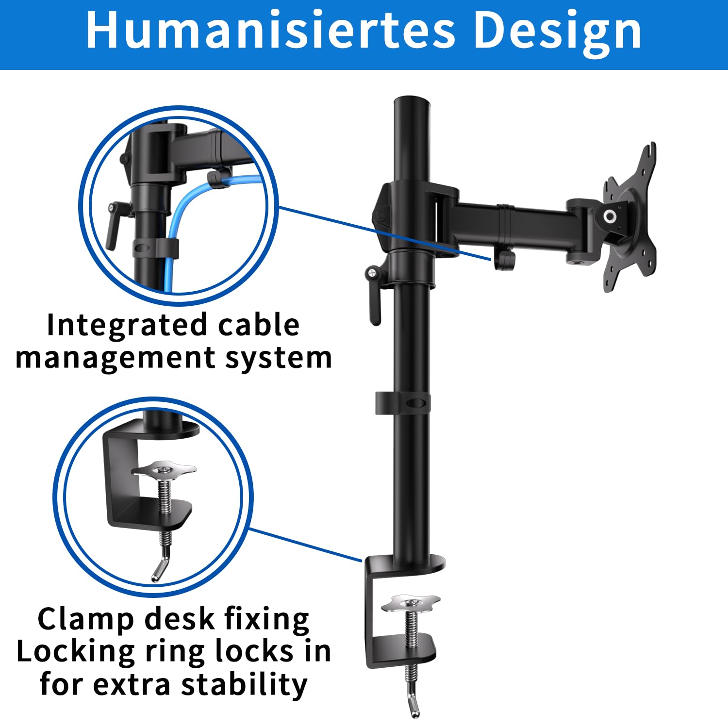 HFTEK Soporte para monitor de 13 a 34 pulgadas, soporte para monitor de brazo y pantalla, soporte para pantallas LED LCD, 1 monitor, altura regulable, inclinable, VESA 75 x 75/100 x 100