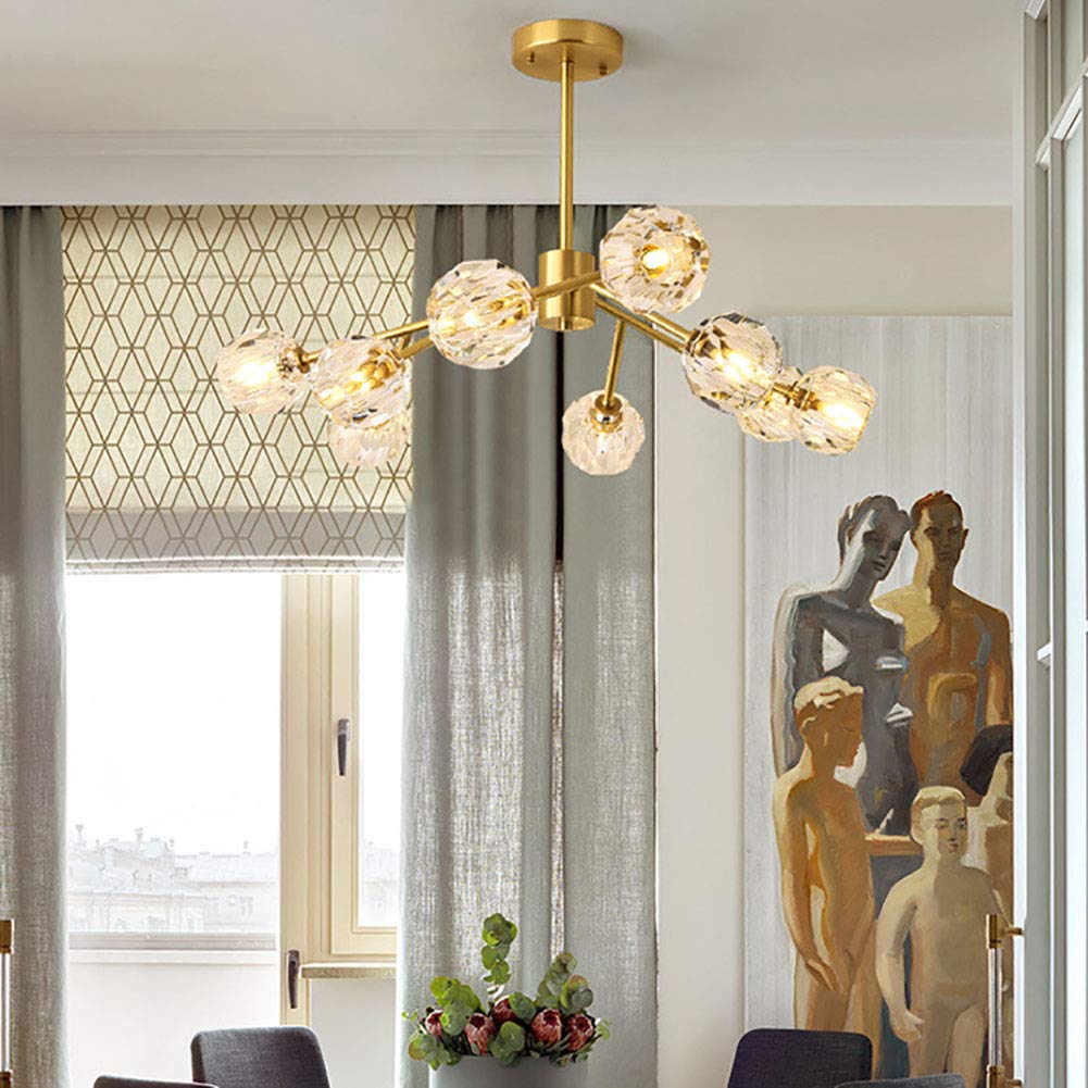 Lustre Sputnik élégant en Laiton avec Boules de Cristal, plafonnier Semi-encastré, Compatible avec Cuisine, Salle à Manger et Salon (9 têtes)