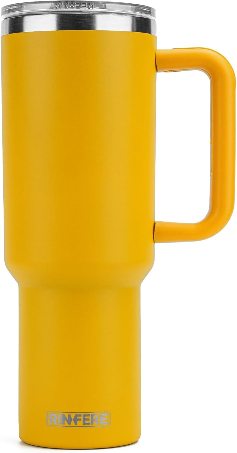 RINFERE Tumbler with Handle, Straw and Slide Lid 40oz - 100% Leak Proof, Cup Holder Compatible for Travel - Insulated Stainless Steel Cup - Non-Slip Silicone Pad - BPA-Free (40 Oz, Alpine Yellow)