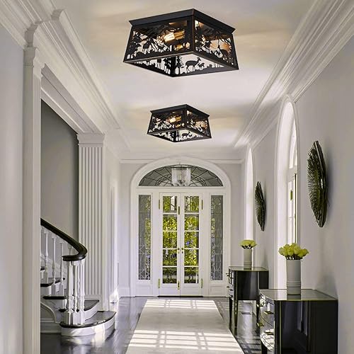 Miniatura 7 de Lámpara de techo semiempotrada negra, lámpara de techo rústica de ciervos de cabaña, lámpara de techo de granja de metal para pasillo, porche,