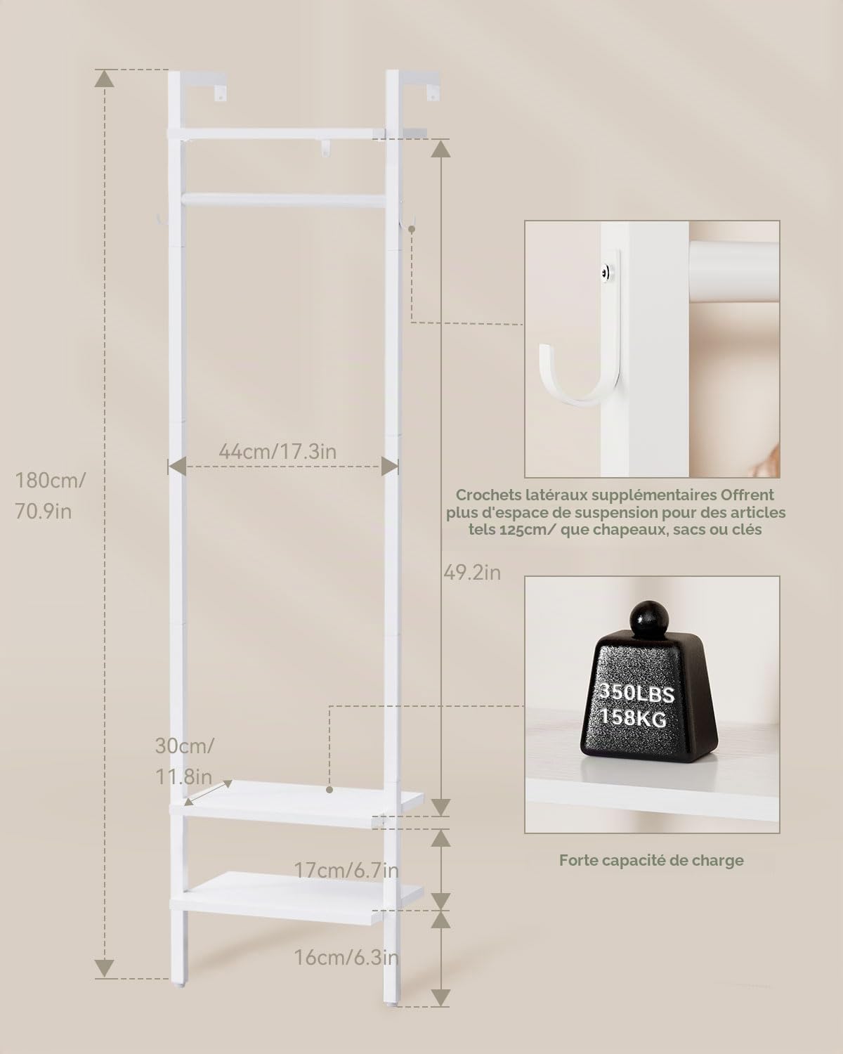 YMYNY Porte-Manteau, Meuble d'Entrée, Haute 180CM Portant à Vêtements, Organisateur de Rangement Mural, pour Chambre, Salon, Style Industriel, Blanc HGR003W
