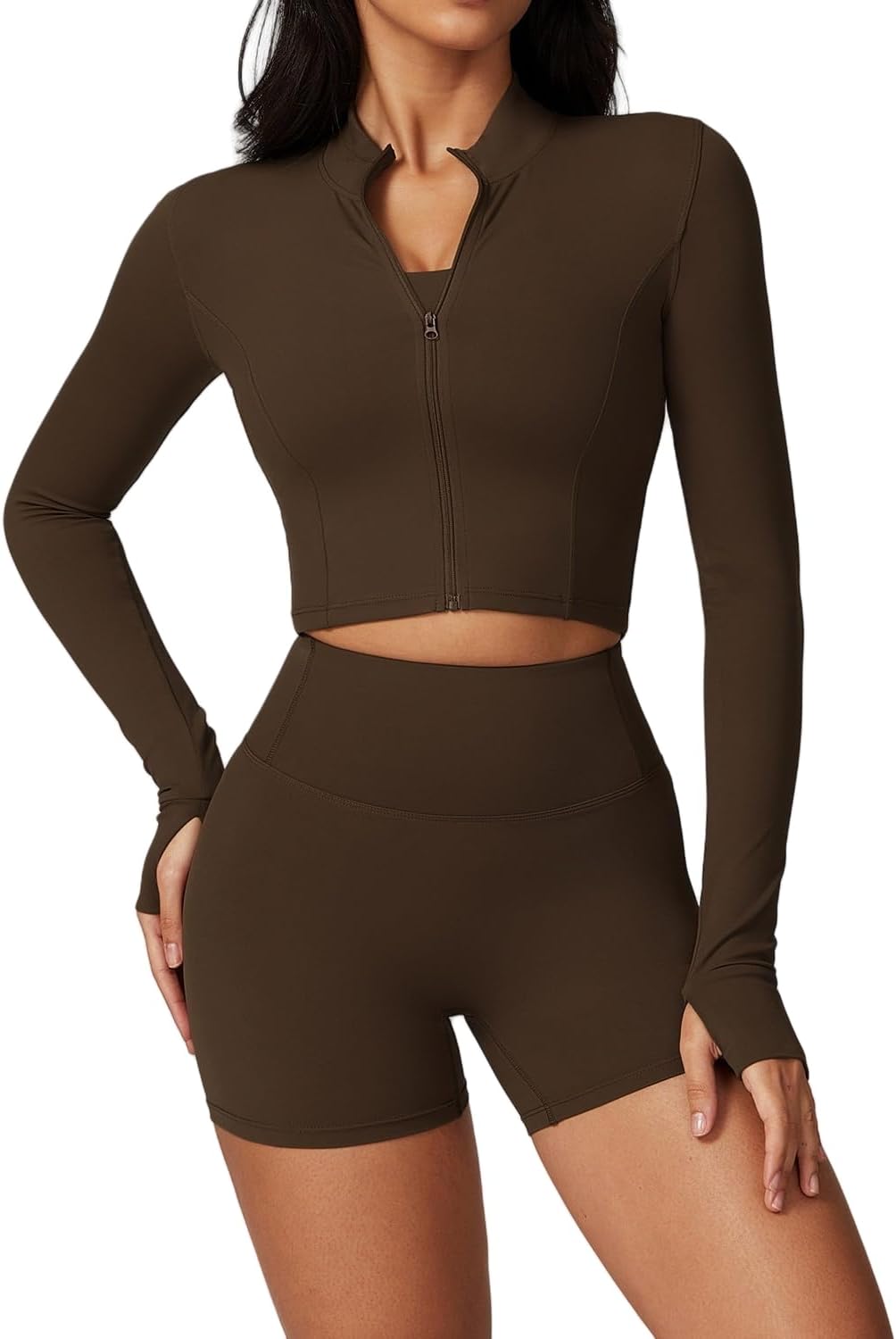 Yknktstc Womens Full Zip Athletic Jacket with Thumbhole Long Sleeve Crop Top Running Workout Yoga Sportswear Shirt Large Brown