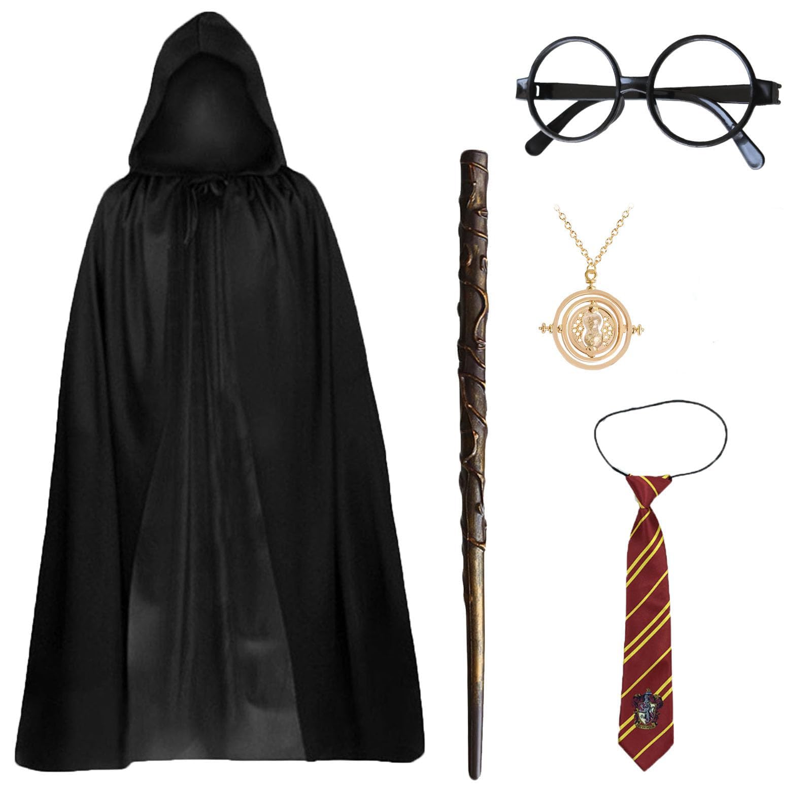 AXERHK 6 PCS Wizard Cape Costume, Potter Accessories Set with Cloak, Tie, Glasses, Wand, Tattoo Sticker and Necklace, Halloween Costume Adult for Halloween Party World Book Day