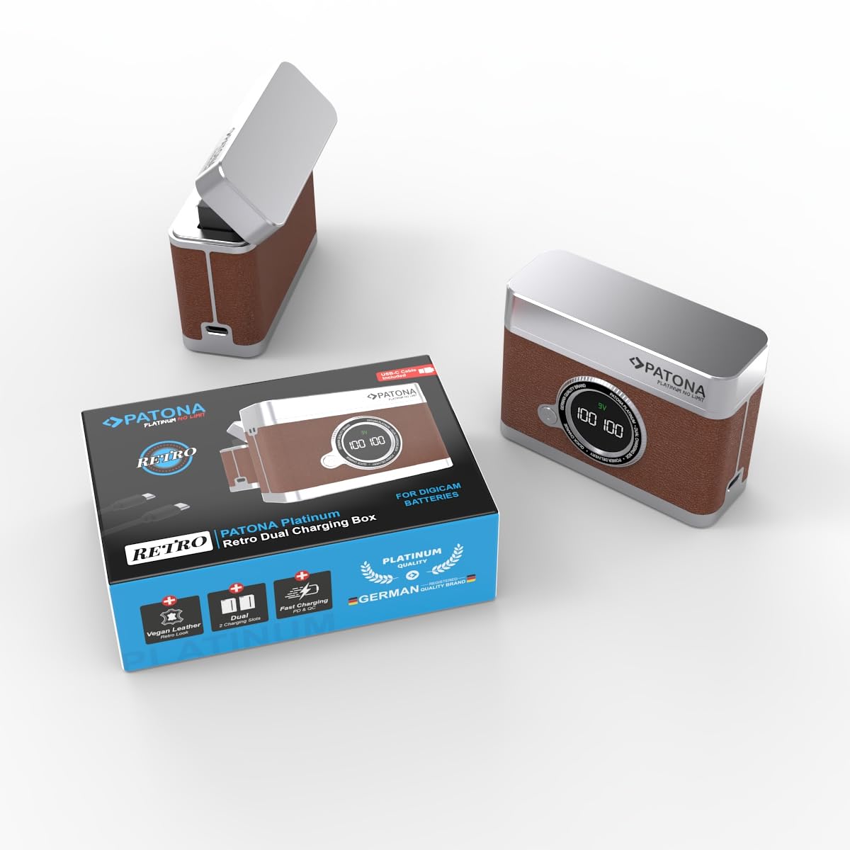 PATONA Platinum Retro Dual Ladebox USB-C für Fuji NP-W126 NP-W126S Akku – Schnellladegerät mit LED-Display, PD & QC, 8.4V, Lade- & Aufbewahrungsbox kompatibel mit X-H1 X-Pro3 X-T30 X-T200 X-A10