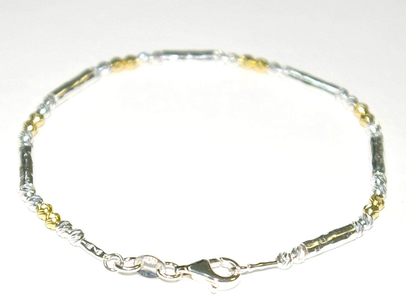 Sterling Silver 925 3mm Laser Cut Beads and Hammered Tubes Two Tone Anklet - Handmade to your size